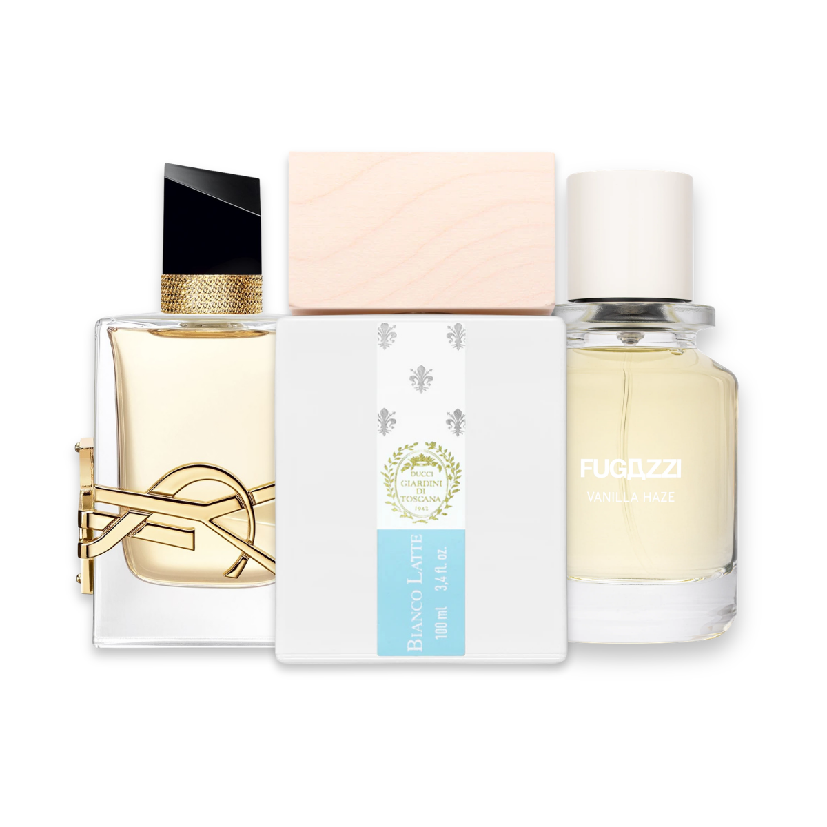 Vanilla Women perfume sample discovery set with Yves Saint Laurent Libre, Giardini di Toscana Bianco Latte and Fugazzi Vanilla Haze