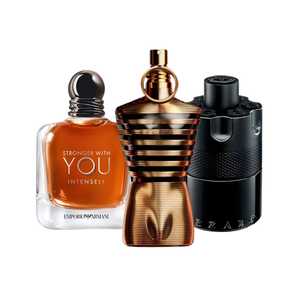 Winter discovery set with Stronger With You Intensely, Le Male Elixir and The Most Wanted Intense – warm, intense fragrance samples ideal for cold weather and winter evenings