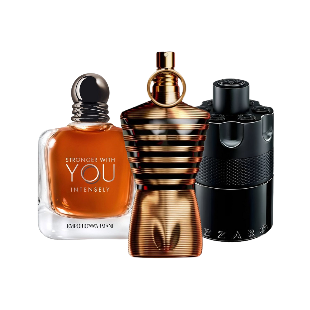 Winter discovery set with Stronger With You Intensely, Le Male Elixir and The Most Wanted Intense – warm, intense fragrance samples ideal for cold weather and winter evenings