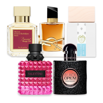 Winter for Her perfume sample discovery set with Baccarat Rouge 540 Eau de Parfum, Yves Saint Laurent Libre Intense, Giardini di Toscana Bianco Latte, Valentino Donna Born in Roma Intense and Yves Saint Laurent Black Opium