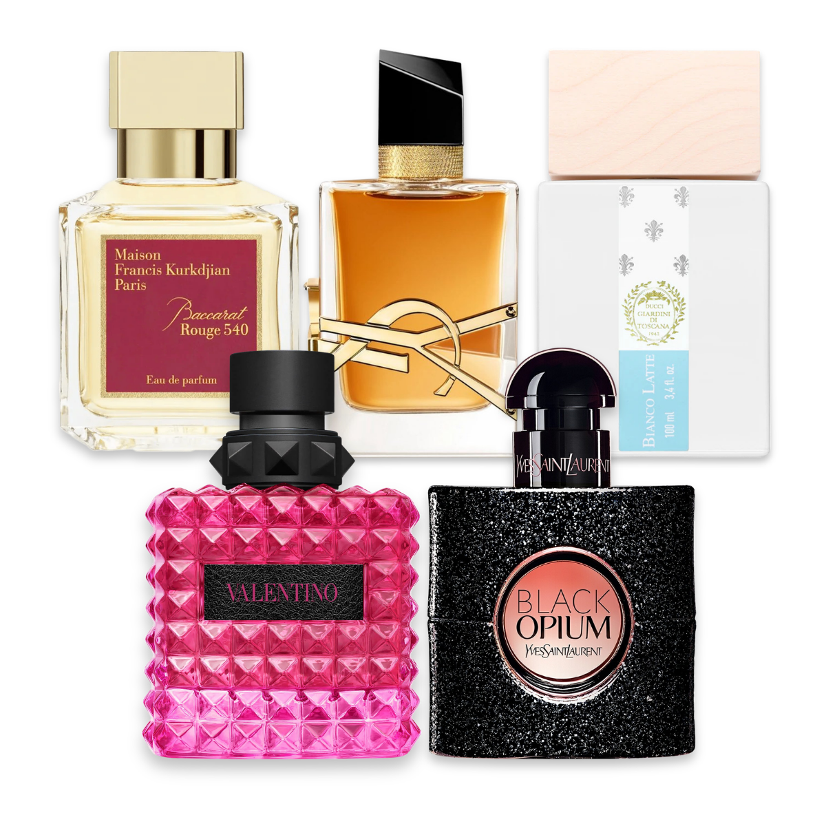Winter for Her perfume sample discovery set with Baccarat Rouge 540 Eau de Parfum, Yves Saint Laurent Libre Intense, Giardini di Toscana Bianco Latte, Valentino Donna Born in Roma Intense and Yves Saint Laurent Black Opium